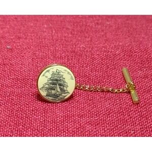 Vintage Barlow Ship Tie Tac Nautical Faux Scrimshaw Carved Signed Pin